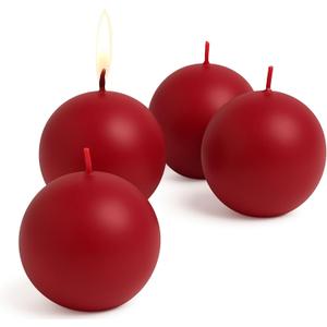 Biedermann & Sons Cranberry Round Candles (Set of 4), Unscented Dripless Balls, 2.5" Spheres, 8 Hour Burn, for Wedding Decor and Party Centerpieces