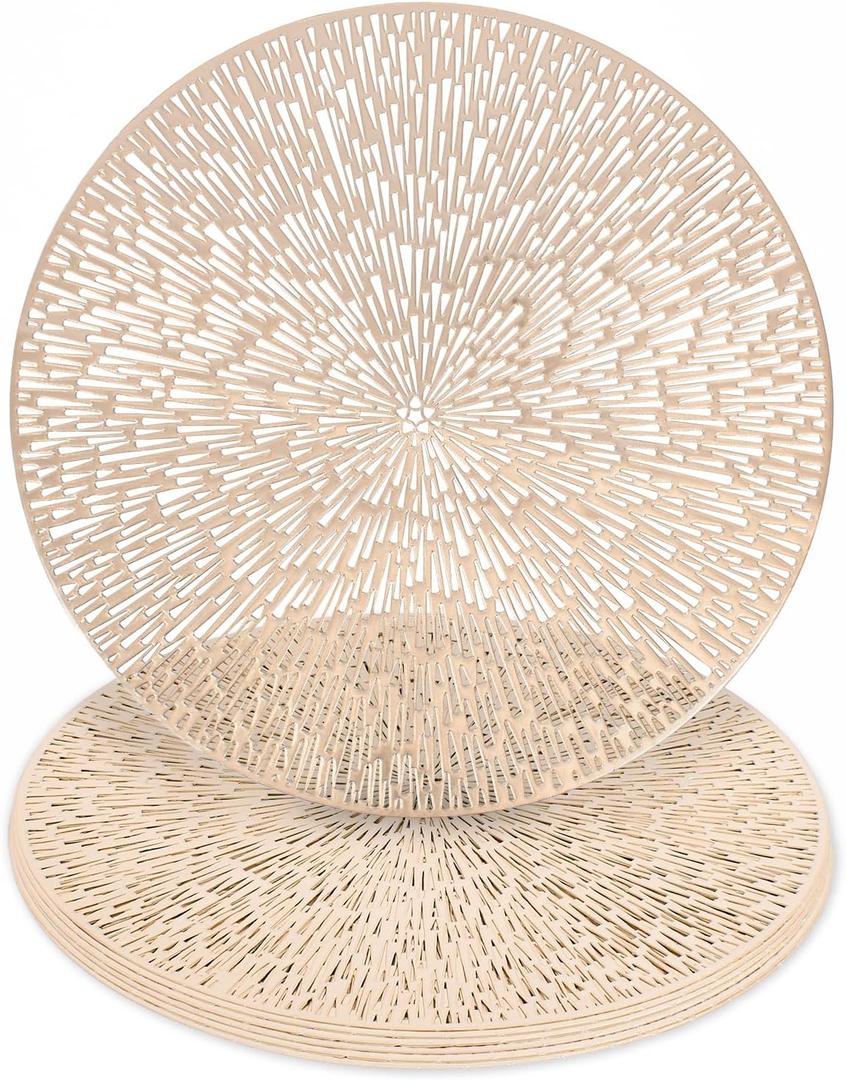Mosayt Christmas Round Placemats Set of 6Gold Vinyl Metallic Place mats, Washable Easy Clean Non-Slip Heat Resistant Plastics Table Mats for Dinning/Wedding/Party Decoration, 15 Inch