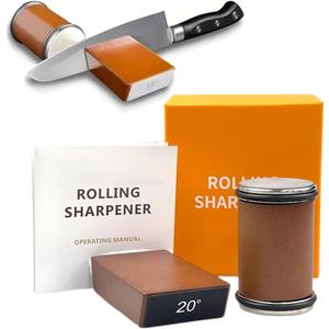 Rolling Knife Sharpener Tool Kit,Rolling Knife Sharpener for Straight Edge with 15 & 20 Degree Angles,Rolling Knife Sharpening Kit with Diamonds Discs for Kitchen Knives-Wood grain black leather