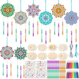 Amyhill 16 Sets Mandala Wind Chimes Craft Kit Make Your Own Mandala Wind Chime DIY Unfinished Wood Hanging Ornaments Coloring Painting Craft Kits for Gifts Adult Party Birthday Activity Home Decor