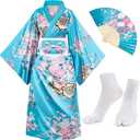 Japanese Anime Women's Kimono Robe Geisha Yukata Sweet Dress Blossom Satin Bathrobe Sleepwear Fans Tabi Socks Set (Light Blue)