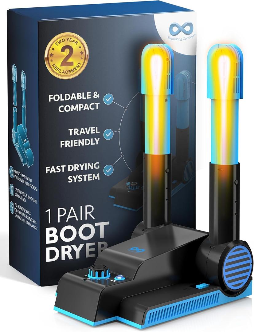 Everlasting Comfort Foldable Compact Boot Dryer & Boot Warmer  Quiet Heat Blower, Easy-to-Use Fast 2-Hour Drying & Deodorizer, Extendable Tubes, Electric Shoe Dryer for Sneakers (1 Pair)