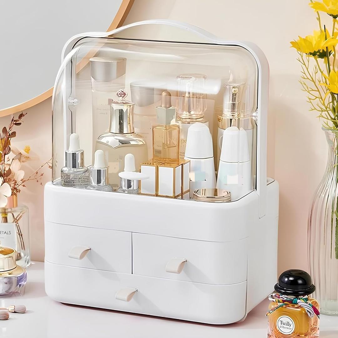 Makeup Organizer and Storage for Vanity with Lid and Drawers, Waterproof and Dustproof Portable Skincare Cosmetics Boxes, Makeup Caddy Holder for Vanity Countertop, Bathroom, Dresser-All White