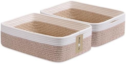 MiniArk Large Shallow Organizing Baskets 15x11x5.1 Inches - Rope Woven Storage Bins for Bathroom, Shelves, Cube Closet, White Mixed Brown 2 Packs