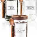 KOSKIMER Coffee and Sugar Container Set, Glass Coffee Jars with Wooden Lids and Scoops, Decorative Sugar Tea Creamer Canisters for Kitchen Countertop (25oz)