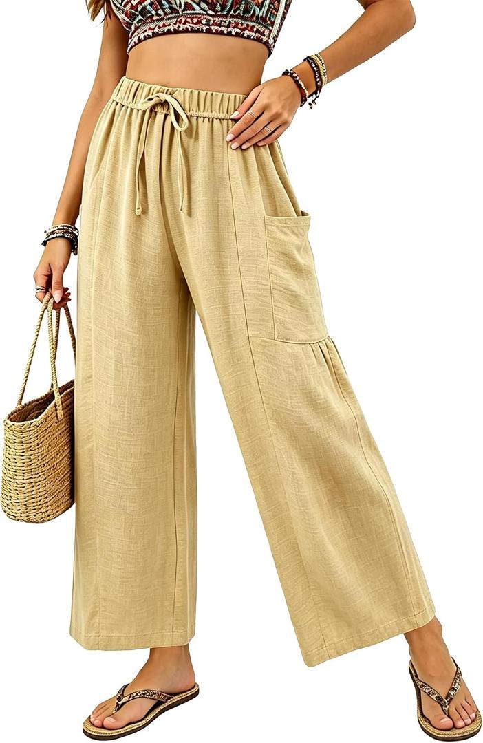 Womens Wide Leg Cropped Pants Drawstring Casual Palazzo Pants Loose Flowy Lounge Trousers with Pockets Khaki (Beige, L)