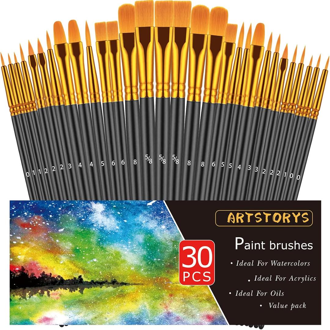 Paint Brushes Set, 30 Pcs Paint Brushes for Acrylic Painting, Oil Watercolor Acrylic Paint Brush, Artist Paintbrushes for Body Face Rock Canvas, Adult Drawing Arts Crafts Supplies, Black