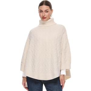 PULI Women Luxury Turtleneck Sweater Poncho Fashion Thick Cable Knit Cape Wrap Pullover Chunky Warm Shawl for Fall Winter