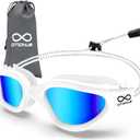 Swim Goggles, Polarized Adult Swimming Goggles Bungee Strap No Hair Pulling Anti-fog Pool Goggles for Men Women (06-white/Polarized Mirror Blue)