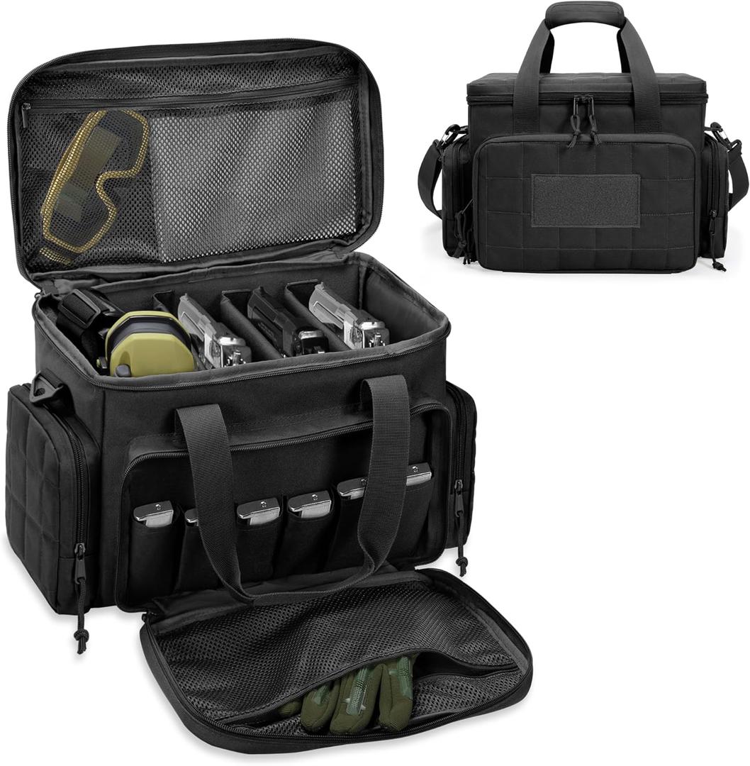 Gun Range Bags for 4 Handguns and Ammo, Tactical Pistol Case with 6X Magazine Slots, Soft Gun Carrying Bag for Men Shooting Gear Accessories with Padded Shoulder Strap Range Duffle Bags (Black)