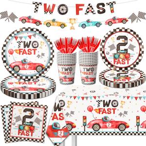 Two Fast Birthday Party Supplies, 142pcs Race Car 2nd Birthday Decorations Tableware Kit Includes Race Car Plates Napkins Tablecloth for Two Years Old Party Baby Shower Decorations Favors for Boys
