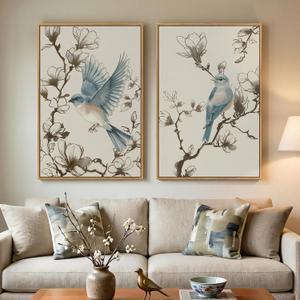 Framed Vintage Botanical Bird Wall Art, 2 Piece Neutral Minimalist Floral Canvas Painting Prints, Nature Beige Chinoiserie Asian Flower Artwork for Living Room Bedroom Kitchen Dining Room Wall Decor, 24" W x 36" H x 2Pcs