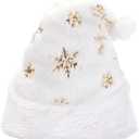 White Plush Christmas Hat Unisex Comfort Santa Hat with Snowflakes (Gold)