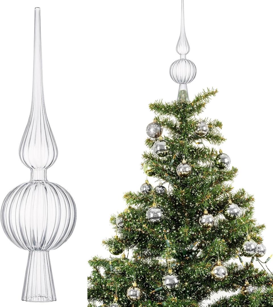 Gejoy Mercury Glass Finial Christmas Tree Topper 12 Inches Vintage Spherical Xmas Tree Topper Mid Century Christmas Ornament for Home Xmas Holiday Party Decorations(Transparent)