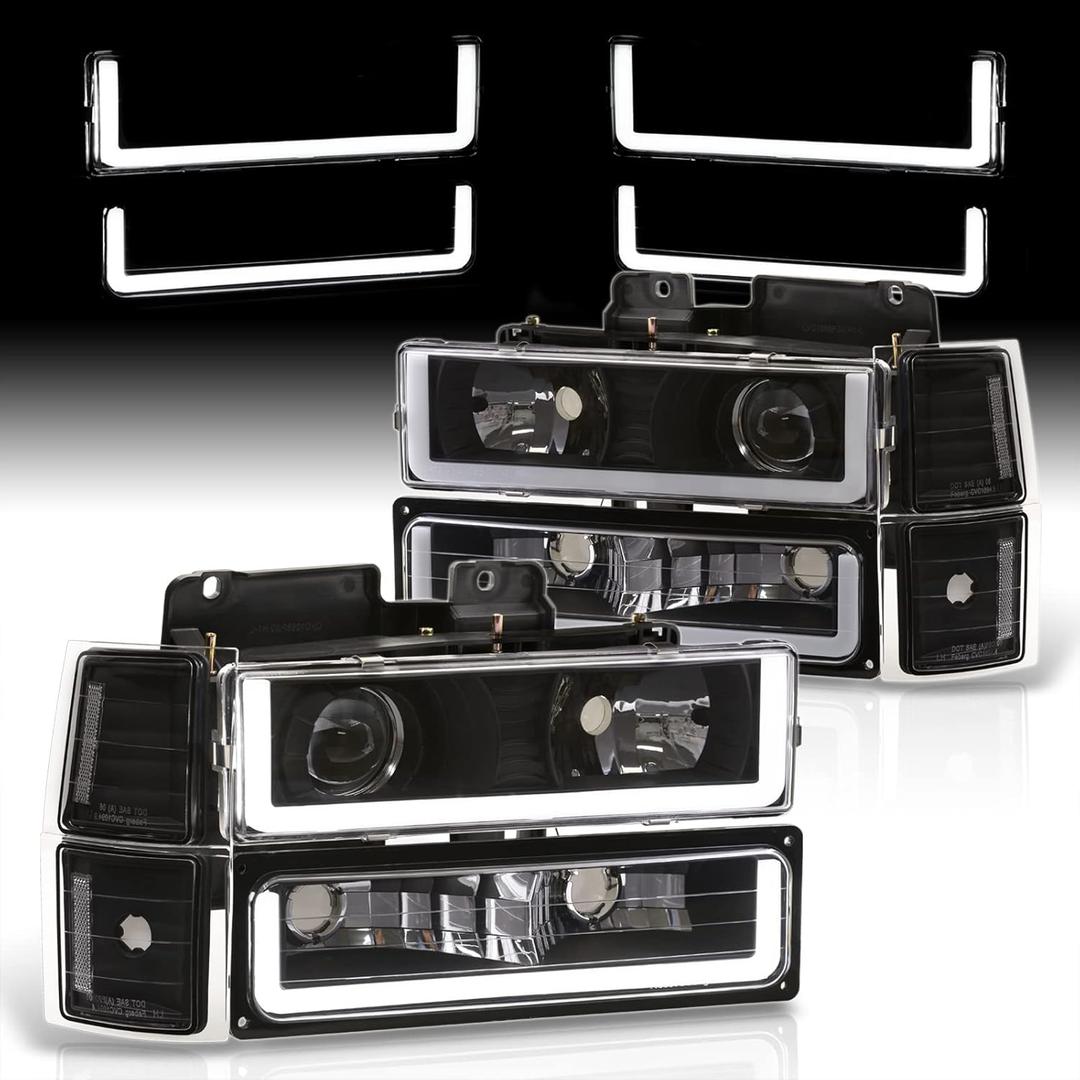 AJP Distributors Black LED DRL Projector Head Lights  For C10 C/K C1500 C2500 C3500 K1500 K2500 K3500 Silverado Suburban Tahoe 94 95 96 97 98 99
