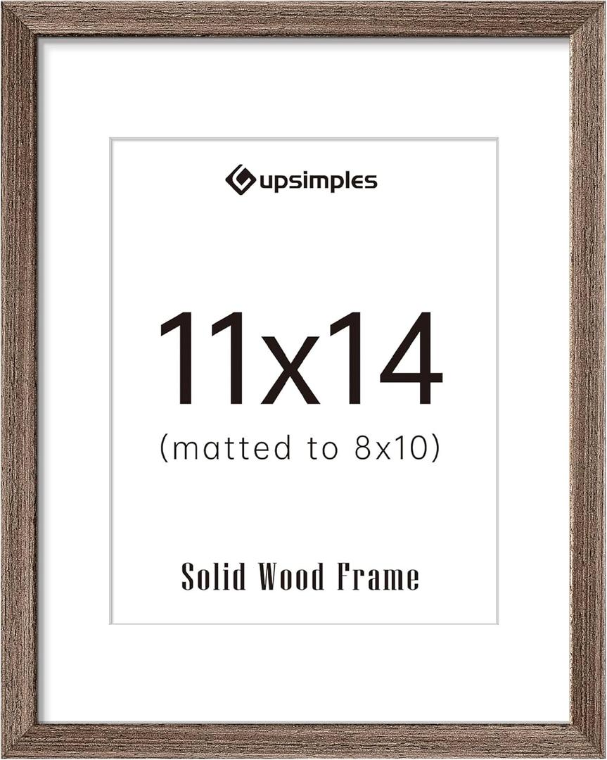 upsimples 11x14 Picture Frame, Natural Solid Wooden Picture Frames, Display 8x10 with Mat or 11 x 14 Without, Vertical or Horizontal Wall Hanging, 1 Pack, Brown