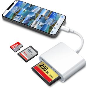 DenicMic SD CF Card Reader Compatible with iPhone 14 13 12 11 X XS/iPad with Lighting Ports SD CF TF Memory Card Reader Adapter Digital Trail Game Camera Accessories No Need App