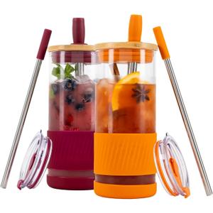 Pandaloo Glass Cups With Lids and Straws -20 Fl Oz- Perfect Size Iced Coffee Cup - Smoothie Cup With Bamboo Lid and On the go Lid - Glass Tumbler (2 Count (Pack of 1), Boysenberry-Autumn Gold)