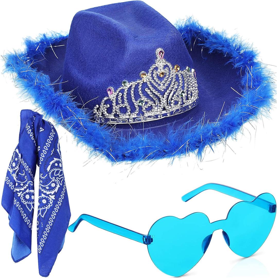 Funtery 3 Pieces Cowboy Cowgirl Costume Accessories Cowgirl Hat with Tiara Crown Heart Shaped Sunglasses Bandanas for Women Men Teens, Blue (Blue)