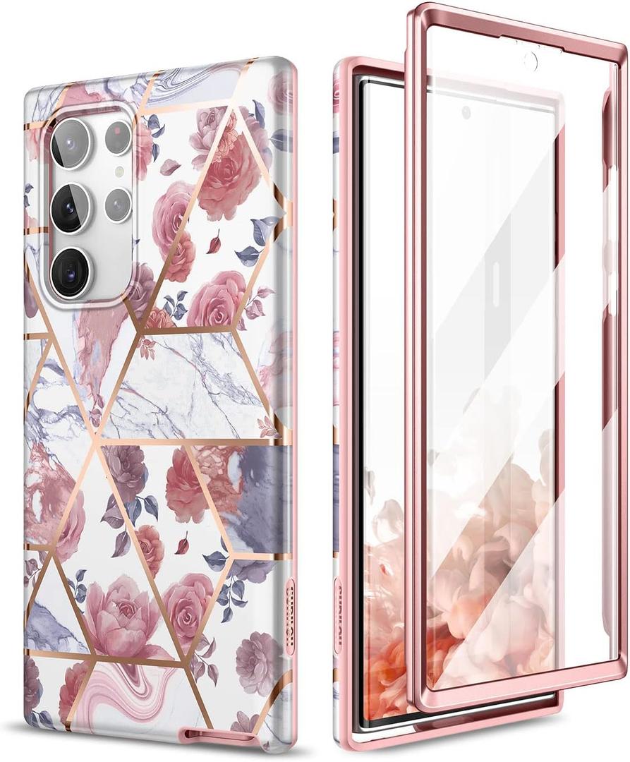 SURITCH for Samsung Galaxy S22 Ultra Case, Built-in Screen Protector for Samsung S22 Ultra 5G Case Full Body Protection Shockproof Rugged Bumper Silicone Phone Protective Cover 6.8 Inch - Rose Marble