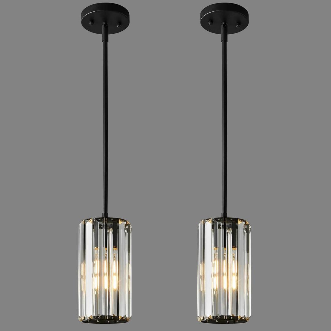 Black Pendant Lighting Modern Pendant Light Mini Crystal Chandeliers, Adjustable Pendant Light Fixture for Kitchen Island Dining Room Corridor Bedroom, (Black 2-Pack)