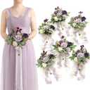 Ling's Moment Artificial Flowers Purple Bridesmaid Bouquet Set of 6, Lavender Wedding Flowers Bouquets for Bridesmaids, 7 Inch Bridal Bouquets for Bridesmaids, Wedding, Ceremony, Anniversary, etc (Prpl-lilac & Gold)
