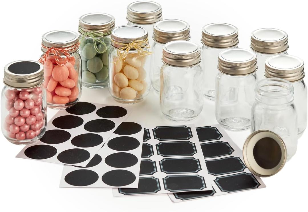 2.5oz Small Mason Jars with Stainless Steel Lids & Chalkboard Labels (12 Pack) Airtight Mini Mason Jars for Party Favors, Spices, Jam, Honey, Candy, Shot Glasses, Wedding, Gifts, Tiny Glass Bottles