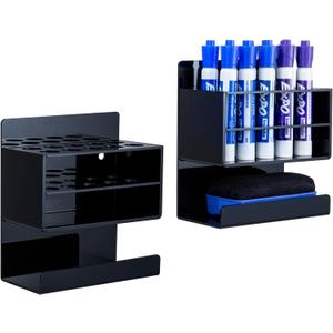 MyGift Wall Mounted Dry Erase Whiteboard Marker Holder Stand with 10 Marker Slots and Eraser Holder, Black Set of 2