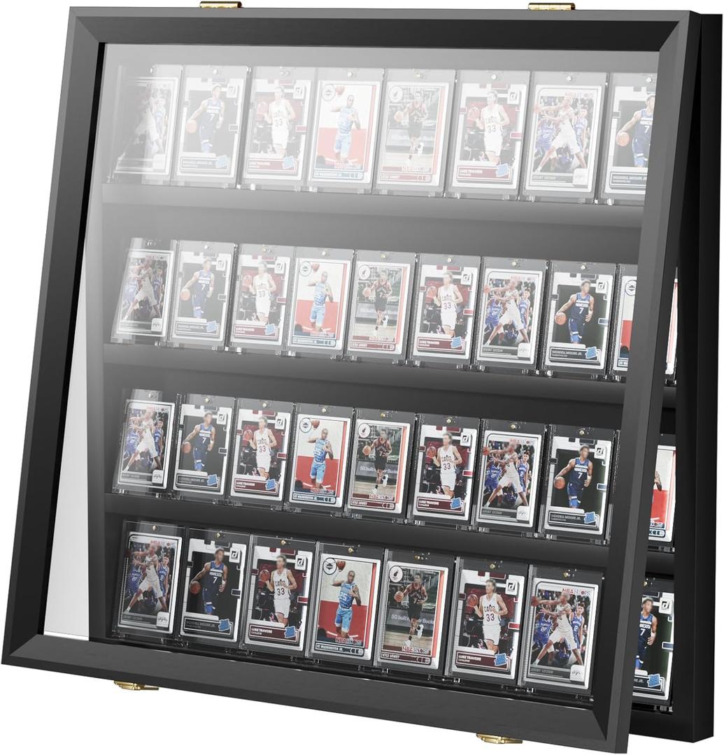 36 Graded Sports Card Display Case - Baseball Card Display Frame Lockable for, Football, Basketball, Hockey & Trading Cards - UV Protection & Clear Acrylic, Black