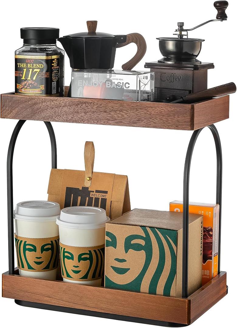 2-Tier Coffee Station Organizer for Countertop, Acacia Wooden Coffee Bar Organizer Countertop Storage for Bathroom, Kitchen, Holiday Decorations