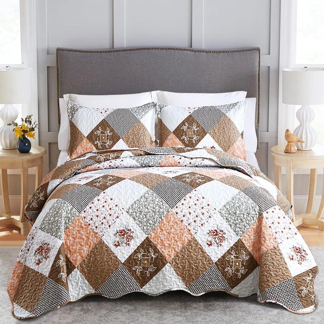 Dinjoy Floral Plaid Patchwork Quilt Set Queen Size, Reversible Brown Bedding Set Soft Microfiber Lightweight Bedspread Coverlet 3 Piece Fall Autumn Summer Use (90x90 inches)