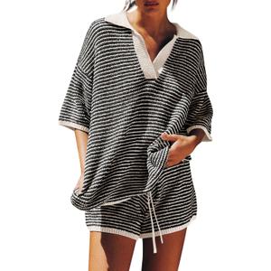 Tankaneo Womens Sweater Set 2 Piece Outfits Oversized 3/4 Sleeve V Neck Knit Tops High Waisted Shorts Lounge Sets (Black, M)