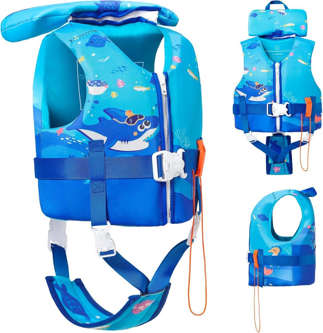 Toddler Swim Vest, Toddler Life Jacket 20-80 lbs Boys & Girls, Kids Floaties Swimming Jackets for 1 2 3 4 5 6 7 Years with Detchable Head Support &Grab Handle (0 Blue-Shark)