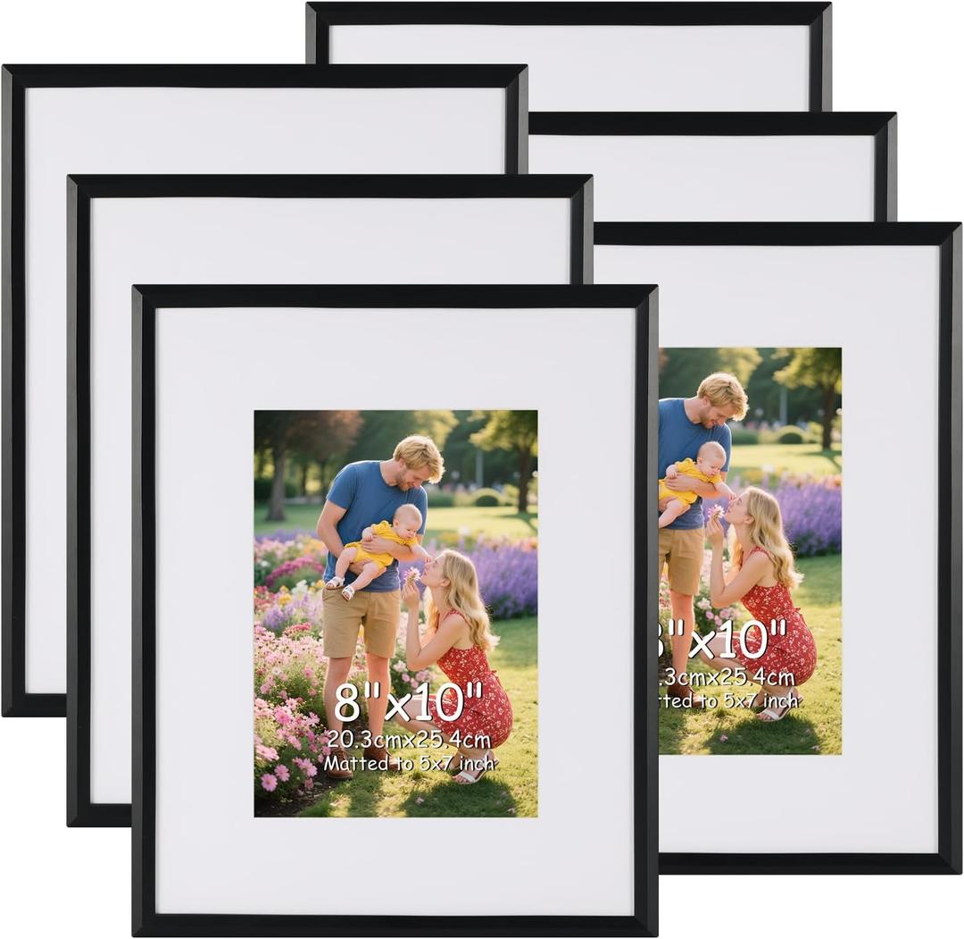 MEBRUDY 8x10 Picture Frame Set of 6, Display 5x7 Pictures With Mat or 8x10 Without Mat, Photo Frames for Tabletop or Wall, Black