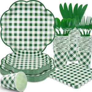 175 Pcs Green Gingham Plates and Napkins Party Supplies - Green and White Checkered Plates Sets Serve 25 Guests - Scalloped Gingham Paper Plate for Picnic BBQ Golf Party Decorations