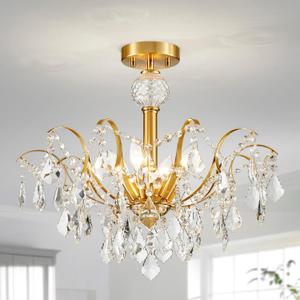 AGV LIGHTING K9 Crystal Ceiling Light Fixture, Close to Ceiling Chandelier, Flushmount Mid-Century Modern Design, 6-Lights, D20 x H20 in, Perfect for Living Room, Clear Crystal & Gold Finish Frame
