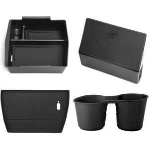 Upgraded Center Console Organizer Set for 2025 Subaru Forester Accessories, Armrest Storage Box + Silicone Cup Holder + Hidden Box + Wireless Charging Protective Pad with Non-Slip Mat 4Pcs Set, Black