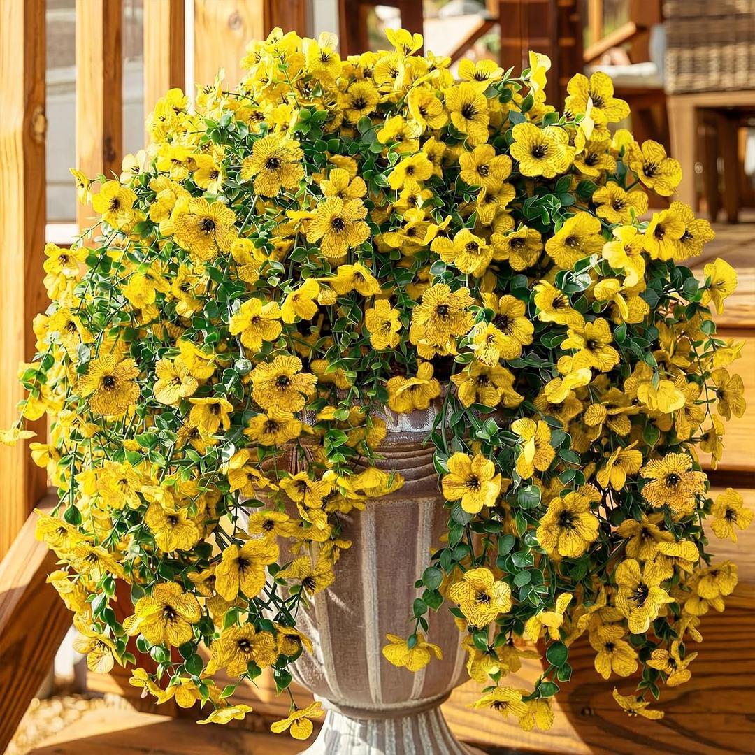 4 Pack Artificial Trailing Hanging Flowers,Yellow | Silk Plastic Construction, Uv/water Resistant, 29 Inch Trailing Vines with 156 Blooms, Fits Porch, Balcony & Courtyard Decor