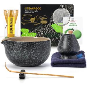 TEANAGOO Matcha Whisk Set Black,7 Pcs Matcha Set,Matcha Kit for Ceremony,Tradition Tea Set for Making Breakfast/Latte,Matcha Whisk Set with Bowl(Chawan)/Whisk and Holder,Gift for Family/Friend (Charcoal Black 1)