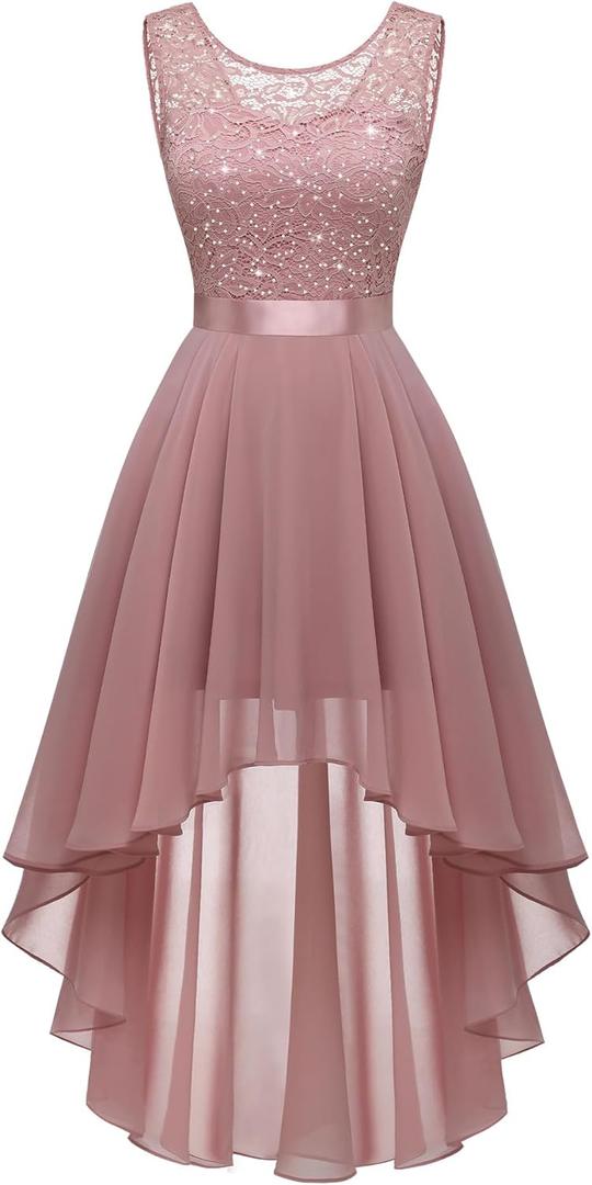 BeryLove Sequin Wedding Guest Formal Cocktail Dresses Prom Party Lace High Low Bridesmaid Elegant Dress (Pink, XXL)