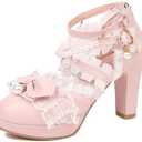 Kawii Shoes Bow Pearl Heels Lolita Platform Heels for Women Lace Cute Mary Janes Pumps Size 43