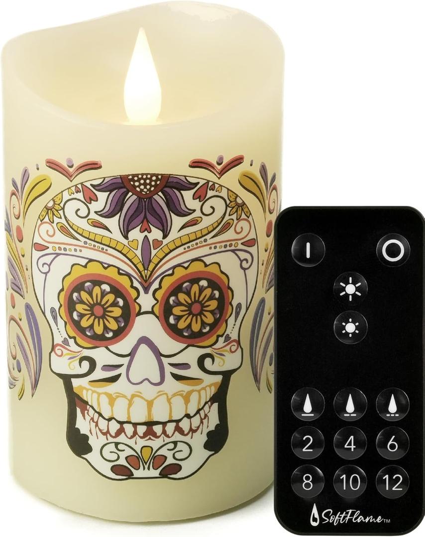 Halloween Flameless LED Candles with Remote Control, 3"x 5"Battery Operated Pillar Real Wax with Timer for Halloween Decorations, Sugar Skull Candle