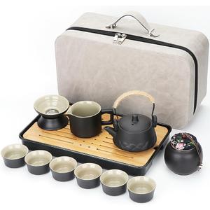 JMCRATE Japanese Tea Set, Portable Ceramic TeaSet, Asian Tea Sets for adult, Tea Gift sets, Travel Tea Set with Teapot,Teacups,Tea Canister,Tea Tray and Travel Bag, Home,Outdoor and Office