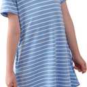 GORLYA Girls Casual Striped Dress Soft Short Sleeve Loose Round Neck Midi T-Shirt Dress for 6-14Y (Blue)