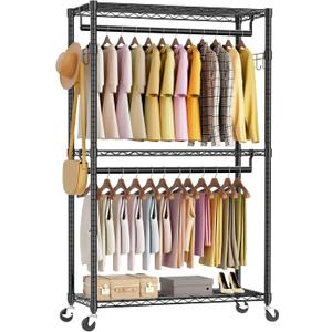OLIXIS Clothes Rack Heavy Duty Adjustable Garment Clothing Rack with Wheels, Rolling Metal Freestanding Closet Organizer for Hanging Clothes with 2 Side Hooks, Double Rod, 17.7" D x 47.2" W x 80.3" H