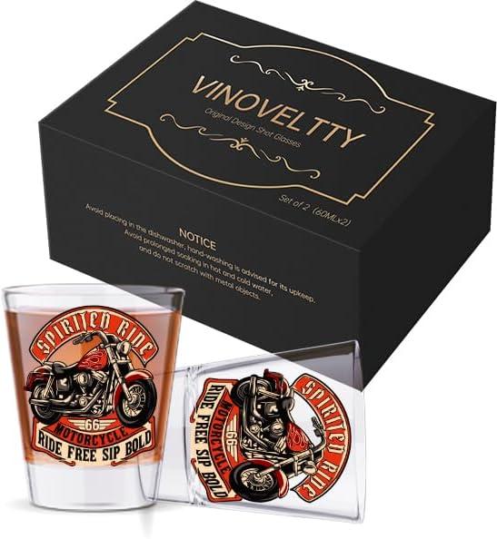 Motorcycle Shot Glasses Set of 2, Motorcycle Gifts for Men Dad Biker, Fathers Day Christmas Birthday Gifts for Dad Brother Husband, 2oz