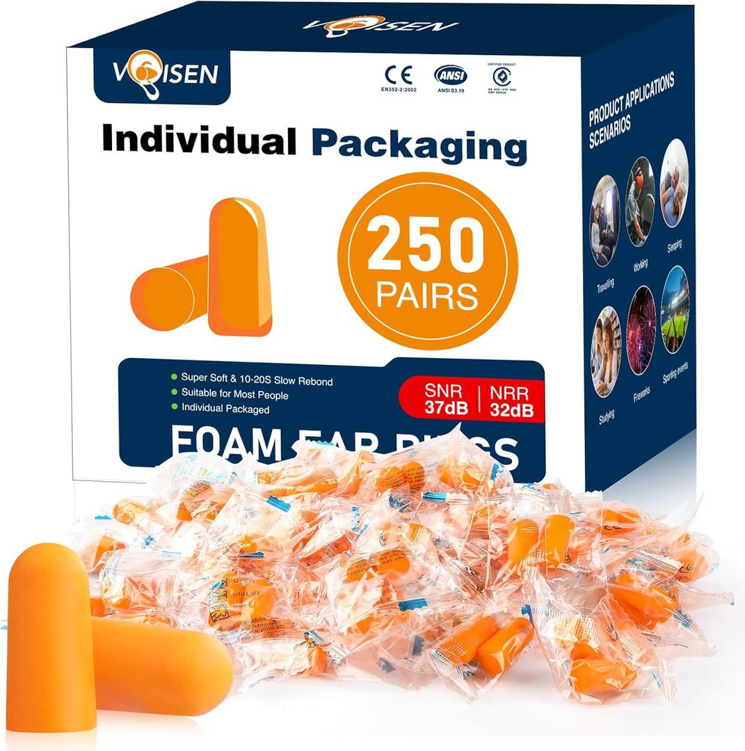 VOISEN Ear Plugs,250 Pairs Ear Plugs for Sleeping,32dB NRR 37dB SNR Ear Plugs Noise Cancelling for Snoring, Studying, Loud Events, Traveling & Concerts, Individual Package (Orange) VOISEN Ear Plugs,250 Pairs Ear Plugs for Sleeping,32dB NRR 37dB SNR Ear Plugs Noise Cancelling for Snoring, Studying, Loud Events, Traveling & Concerts, Individual Package (Orange)