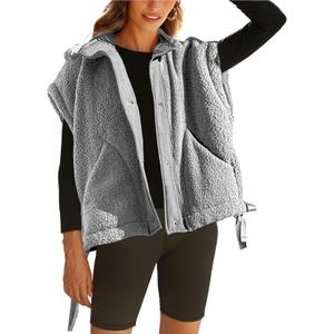 OPCAKM Women's Fuzzy Fleece Vest Oversized Sleeveless Sherpa Jacket Warm Button Down Gilet Outerwear with Pockets (Medium, Grey)