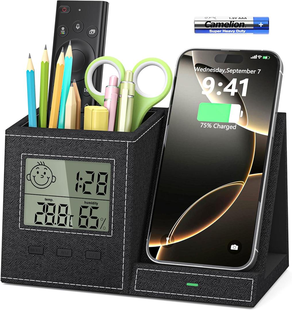 Multifunctional Pen Holder and Organizer for Desk with Wireless Charger, Digital Indoor Thermometer and Humidity Gauge, Home Office Organizers and Storage (Battery Included) (Black+Digital Clock)