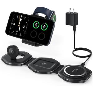 3 in 1 Wireless Charging Station for Apple MagSafe Charger, Foldable Magnetic Travel Charger for Multiple Devices iPhone 16 15 14 13 12 Series Apple Watch AirPods Pro Black